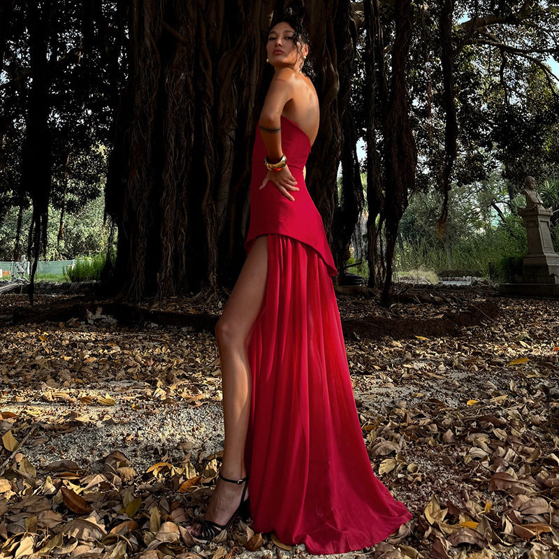 Damen Elegantes Maxikleid mit asymmetrischem Schnitt und verführerischem Schlitz Drune