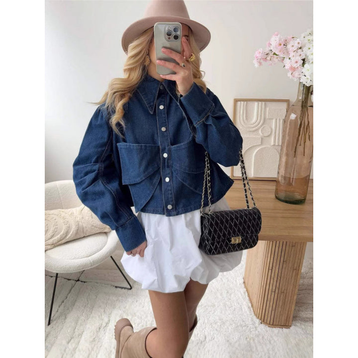Damen stylische cropped Denimjacke mit praktischen Taschen Drune