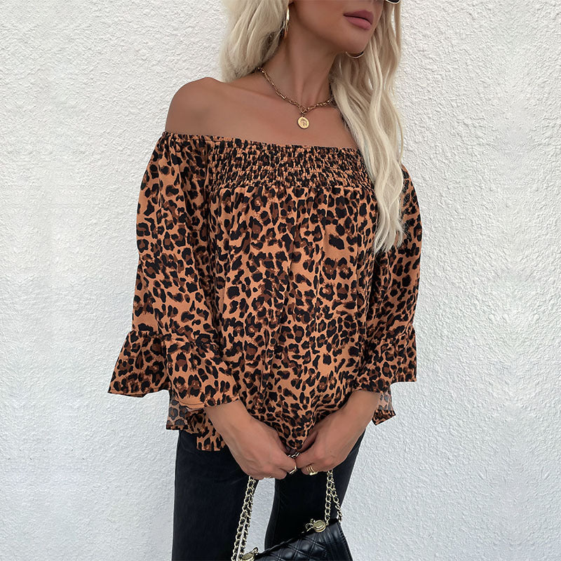 Damen Carmen-Bluse mit Smok‑Bündchen, Carmen‑Ausschnitt und Leopardenprint Drune