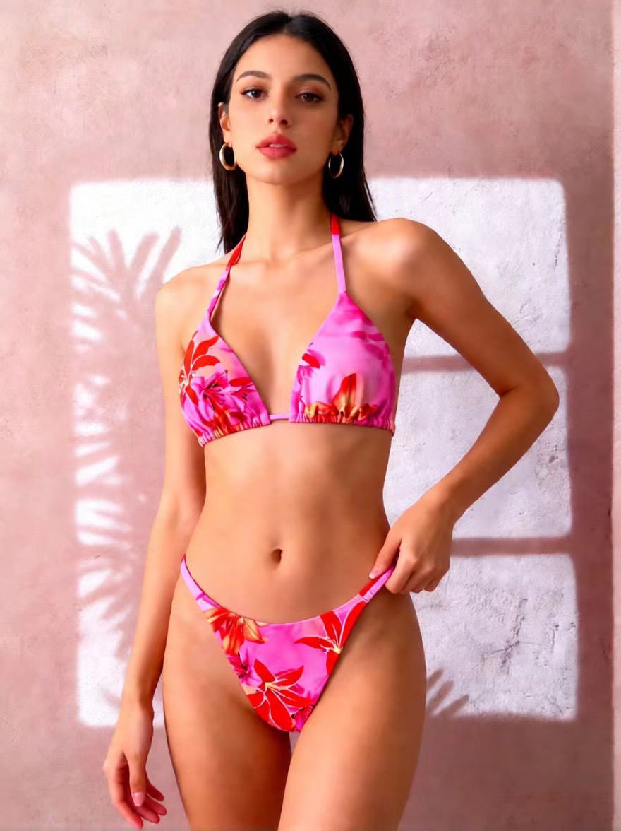 Damen Triangel-Bikini mit floralen Mustern und verstellbaren Bändern Drune