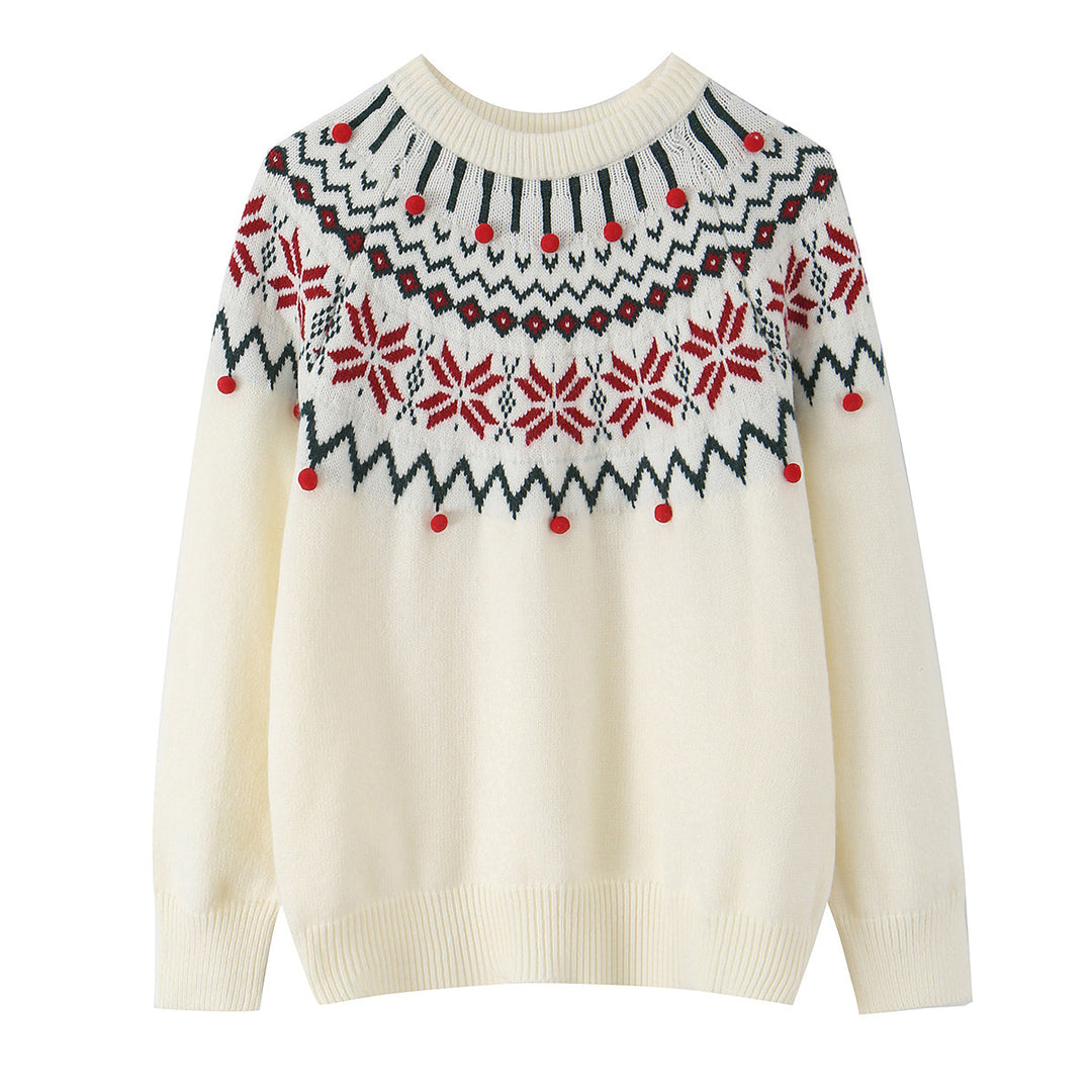 Damen nan Norwegerpullover mit Rundhalsausschnitt, jacquardgestricktem Muster und dekorativen Bommelapplikationen Drune