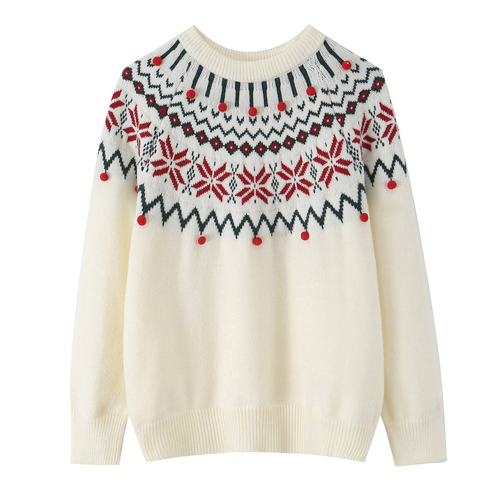 Damen nan Norwegerpullover mit Rundhalsausschnitt, jacquardgestricktem Muster und dekorativen Bommelapplikationen Drune