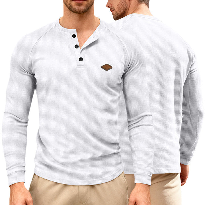 Herren nan Waffelstrick-Henley Langarmshirt mit Raglanärmeln, Halbknopfleiste und Lederlabel Drune