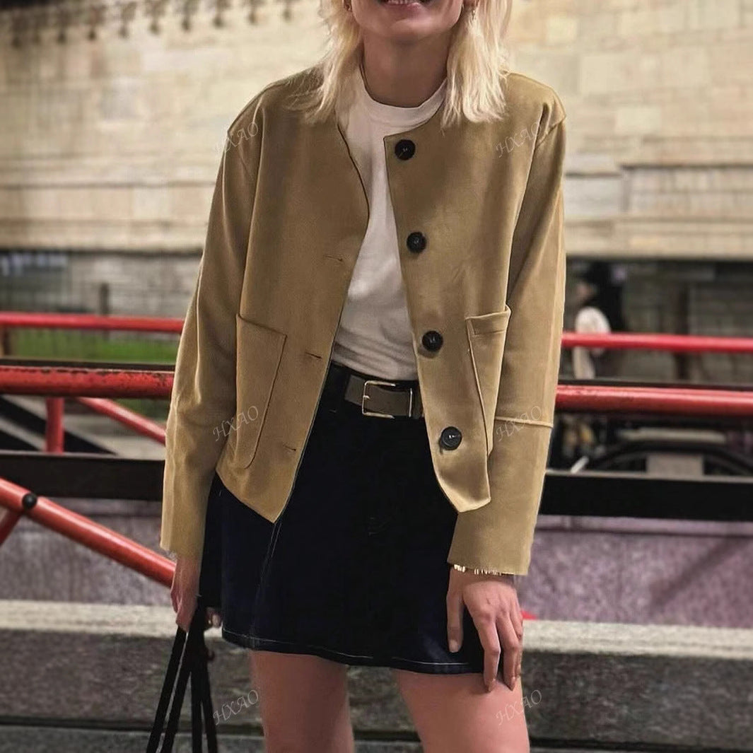 Damen modische Kurzjacke mit praktischen Taschen und Knopfverschluss Drune