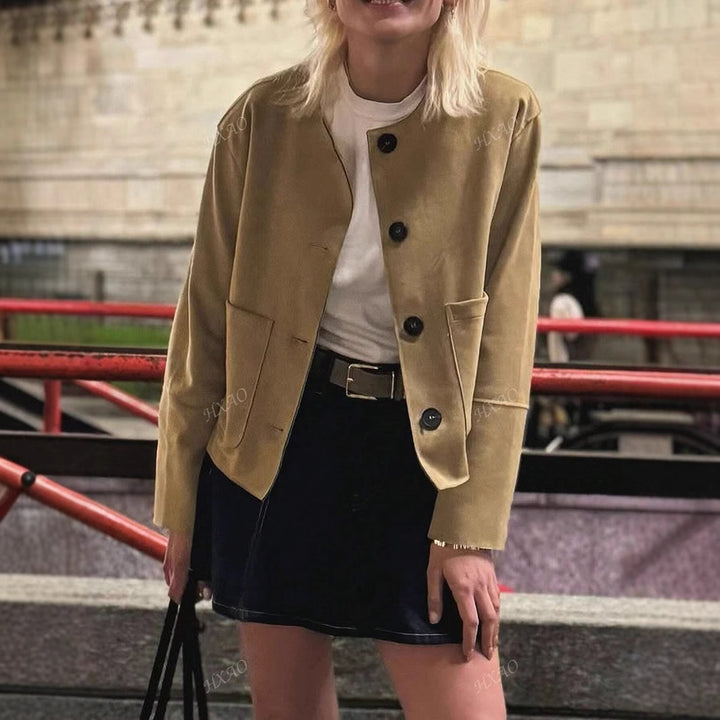 Damen modische Kurzjacke mit praktischen Taschen und Knopfverschluss Drune