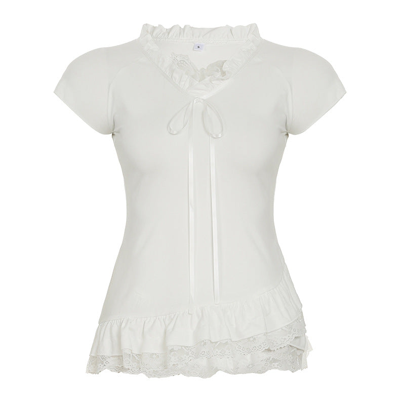 Damen elegantes Rüschenoberteil mit V-Ausschnitt und dekorativem Bindeband Drune