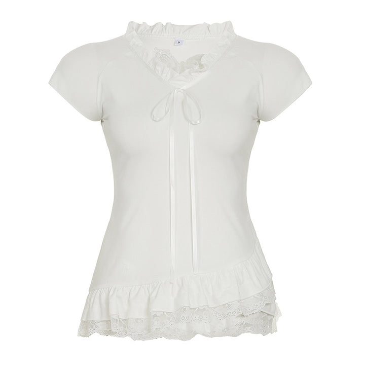Damen elegantes Rüschenoberteil mit V-Ausschnitt und dekorativem Bindeband Drune