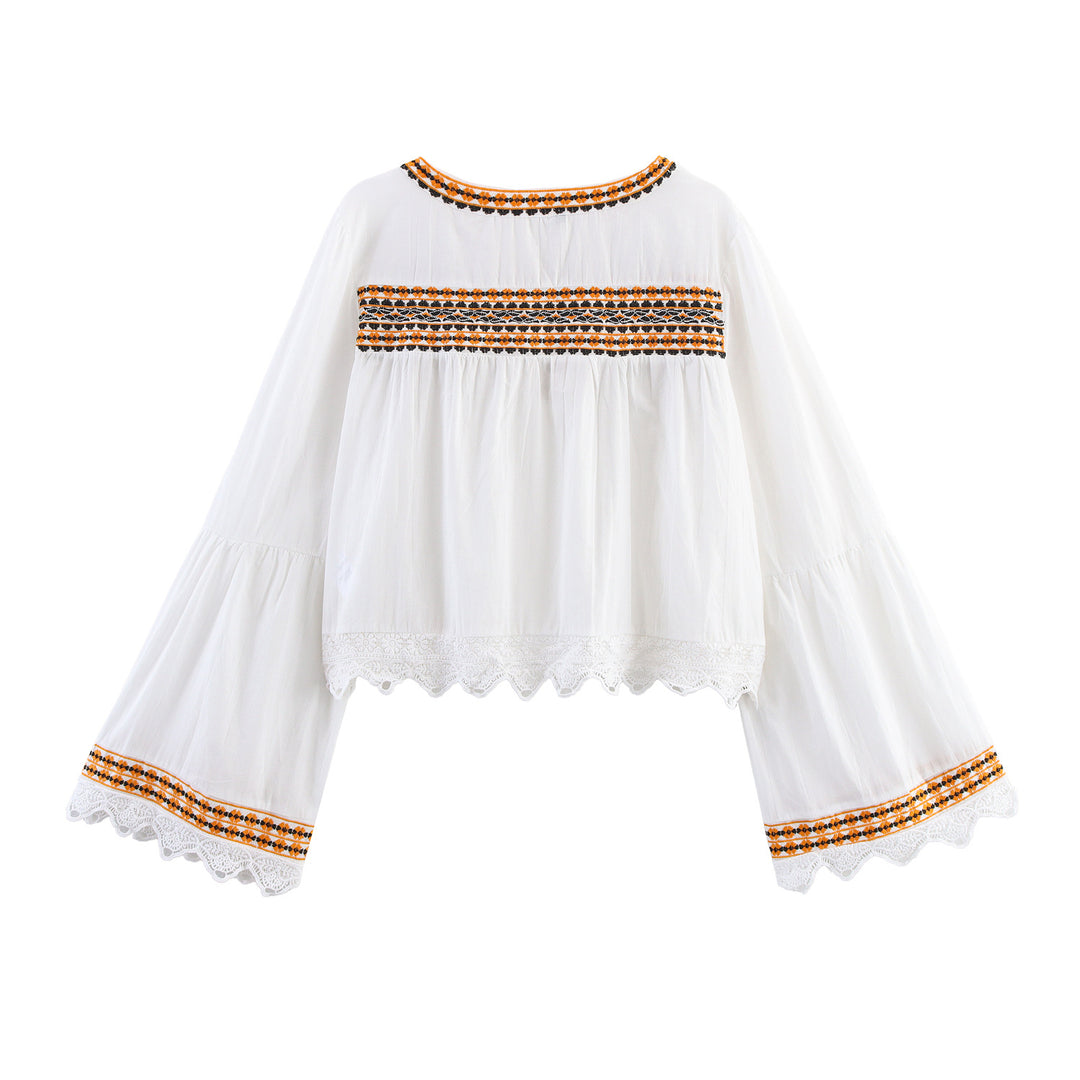 Damen Bestickte Boho-Bluse mit weiten Glockenärmeln und Spitzensaum Drune