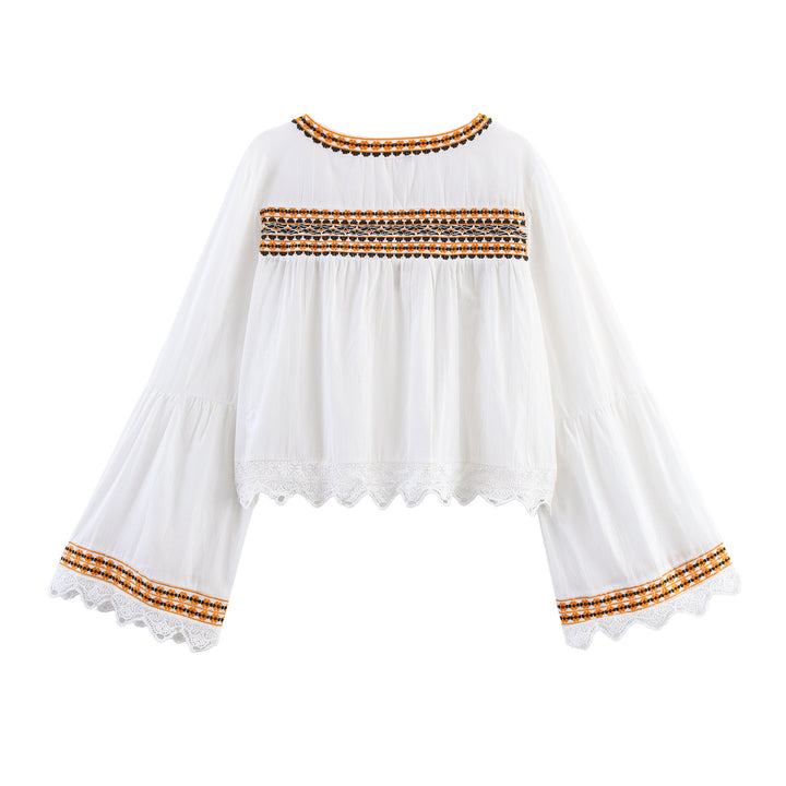 Damen Bestickte Boho-Bluse mit weiten Glockenärmeln und Spitzensaum Drune