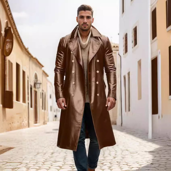 Herren Langer glänzender Kunstleder-Trenchcoat mit Doppelreiher und markantem Revers Drune