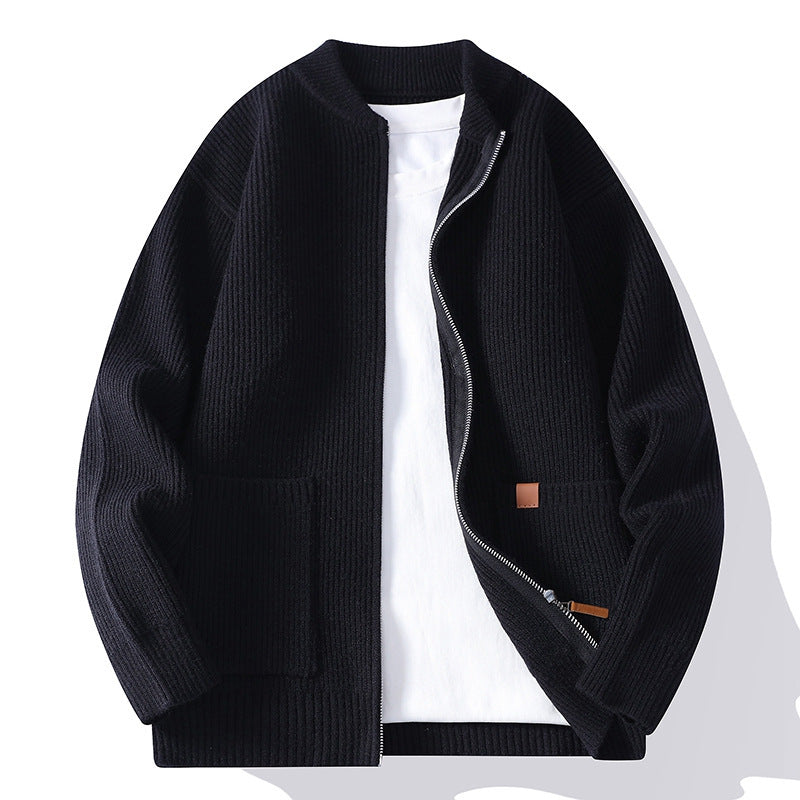 Herren Strukturierte Bomber-Strickjacke mit durchgehendem Metallreißverschluss und aufgesetzten Taschen Drune