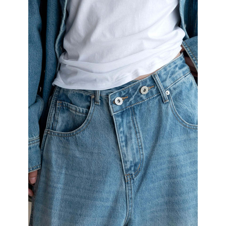 Damen Weite Jeanshose mit hohem Bund, tiefem Schritt und weitem Bein Drune