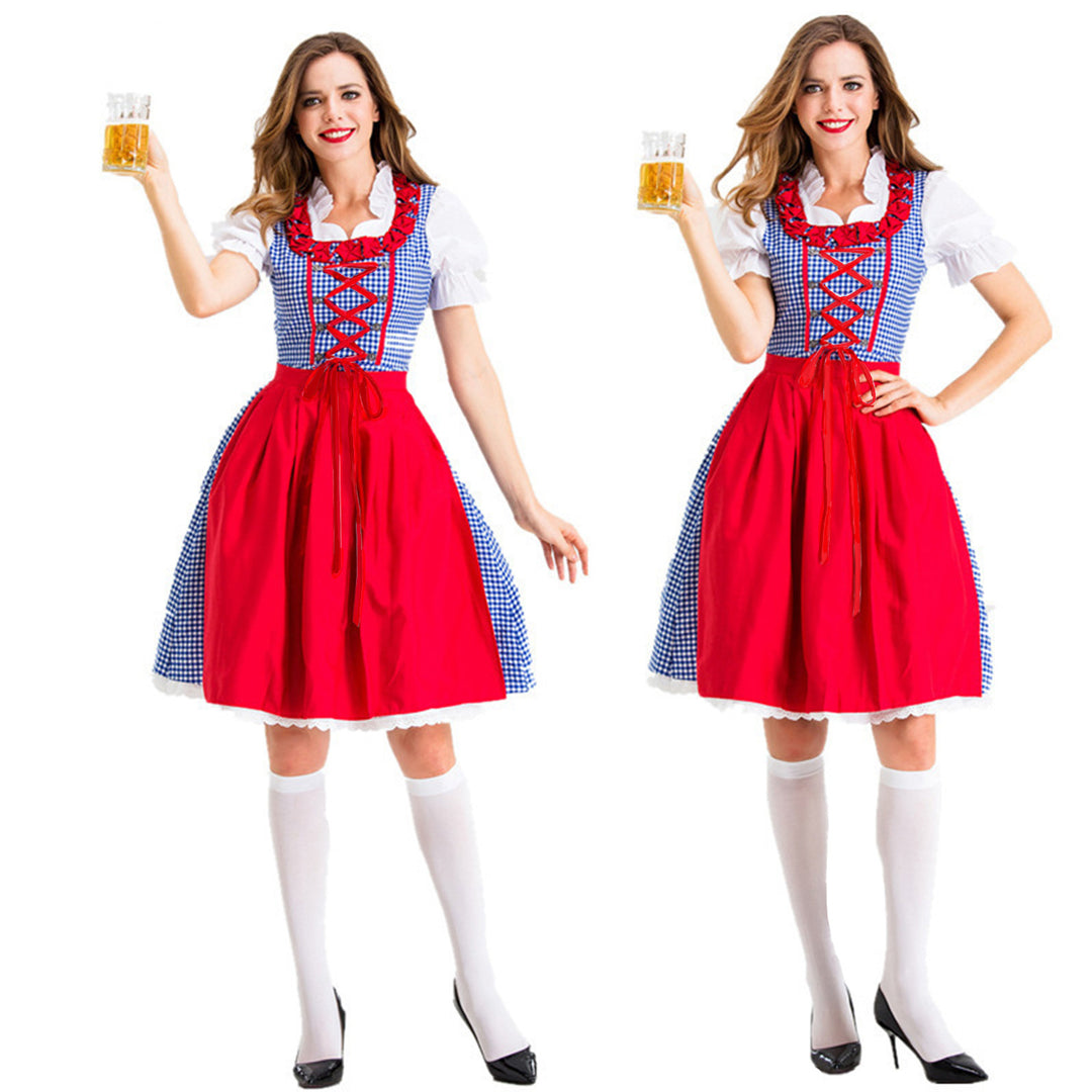 Damen nan Karo-Dirndl mit geschnürter Miederfront, Rüschenkragen und taillierter Schürze Drune