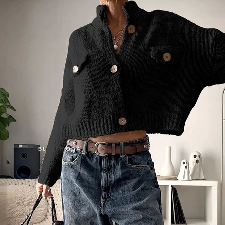 Damen nan kuschelige Strickjacke mit Holzknöpfen und Brustklappe Drune