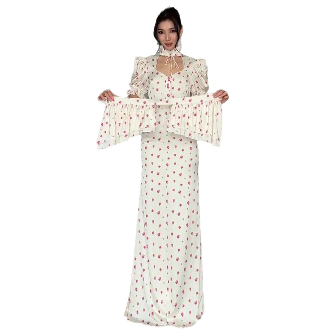 Damen Maxikleid mit romantischem Puffärmel-Design und verspieltem Rüschensaum Drune