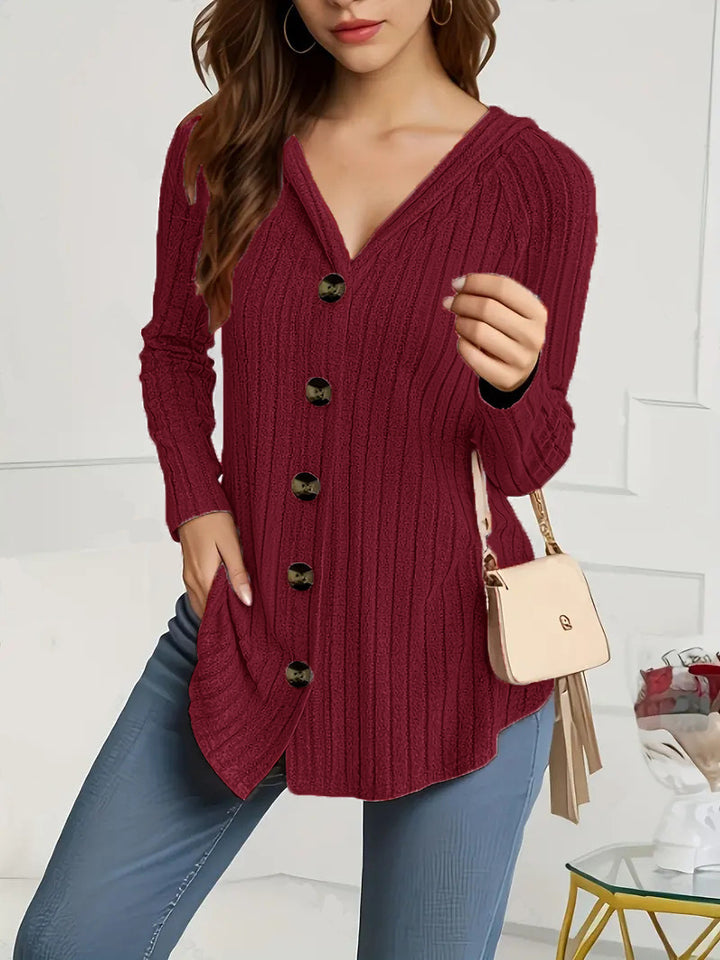 Damen nan kaschierender gerippter Strickcardigan mit V-Ausschnitt und dekorativen Knöpfen Drune