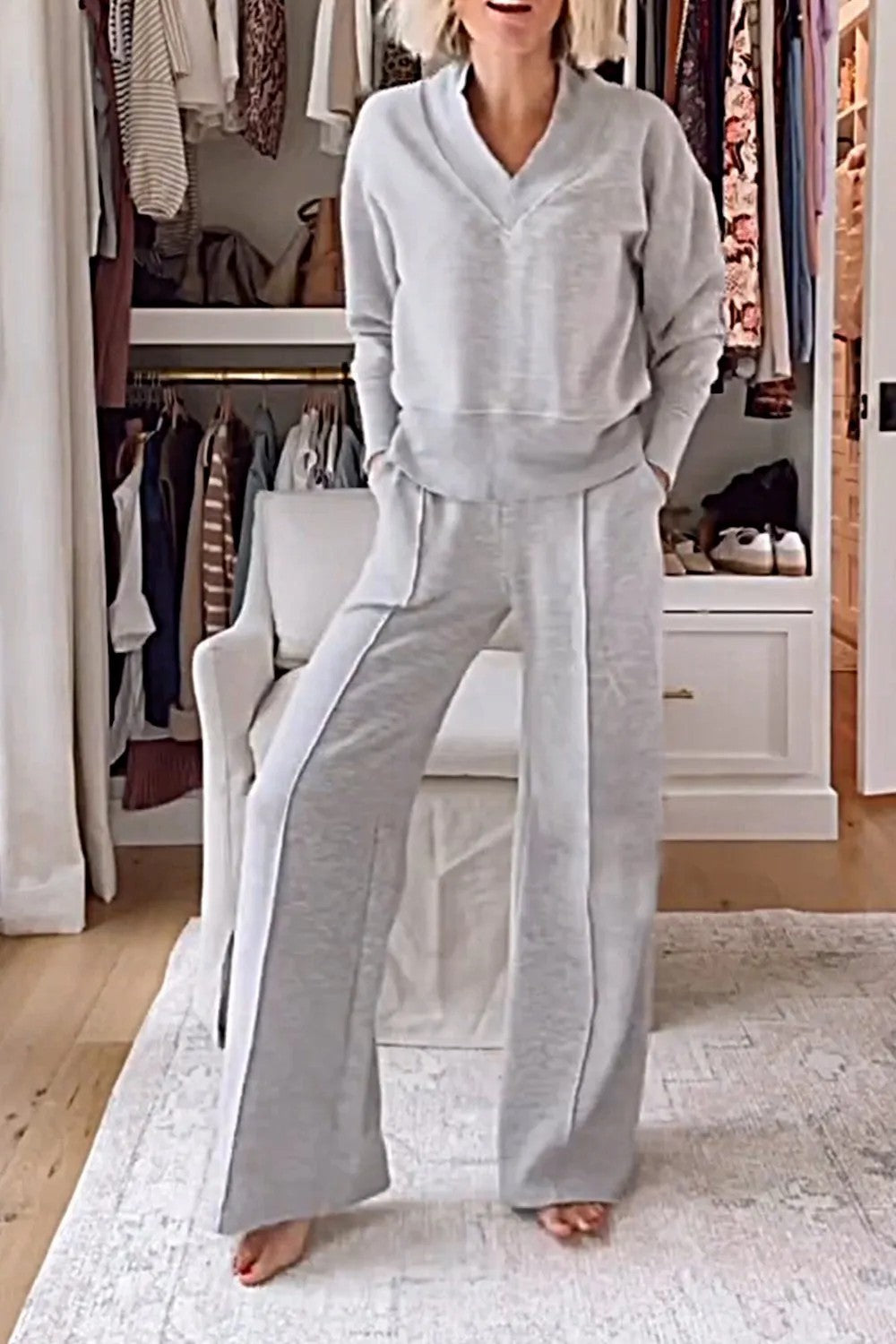 Damen Komfortabler Loungewear-Set mit V-Ausschnitt und weitem Schnitt Drune