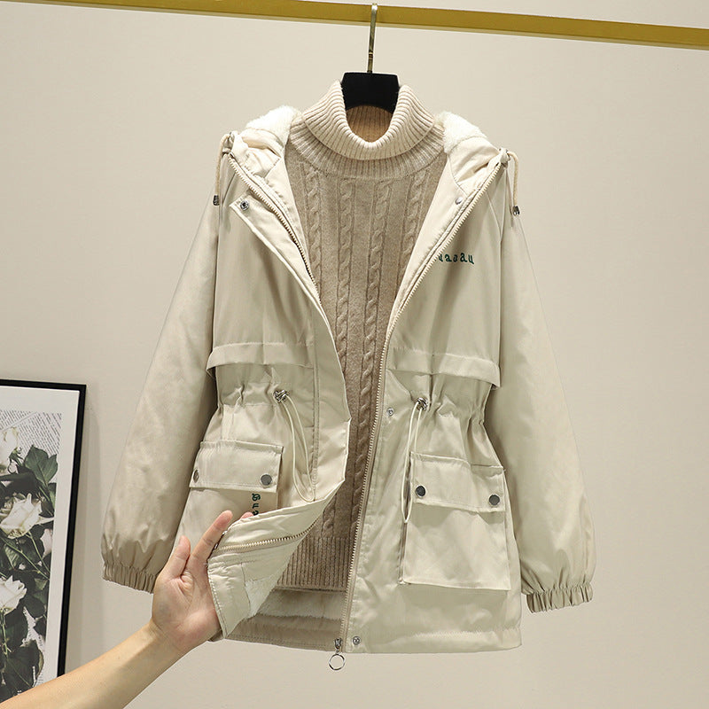 Damen gefütterte Parka-Jacke mit Kapuze und verstellbarem Taillenzug Drune
