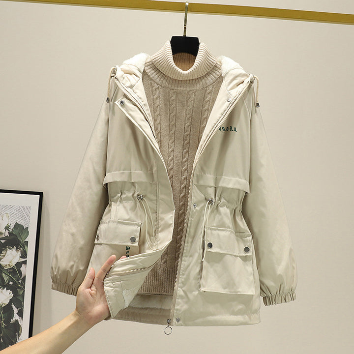 Damen gefütterte Parka-Jacke mit Kapuze und verstellbarem Taillenzug Drune
