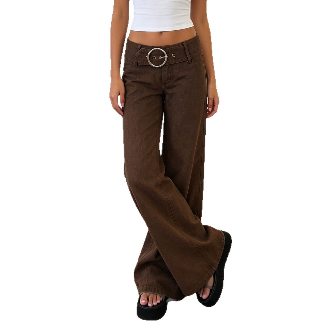 Damen High‑Waist Schlaghose aus beschichtetem Denim mit weitem Bein und Statement‑Gürtel Drune