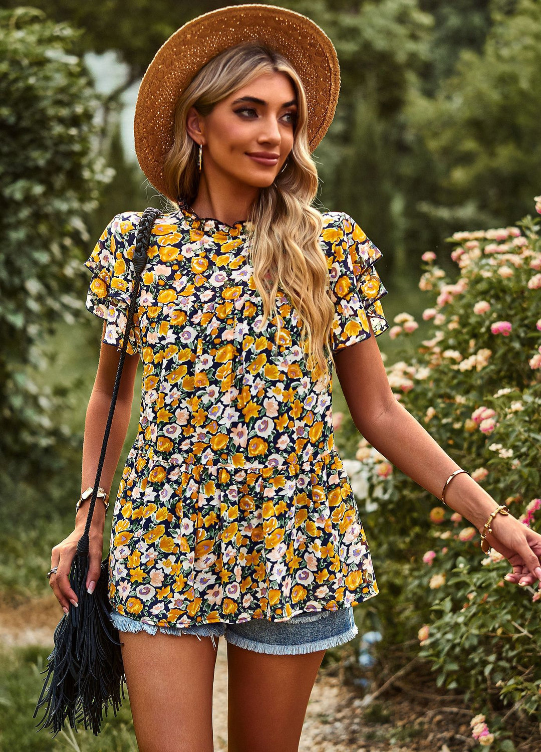 Damen beschwingtes Blusenshirt mit Rüschendetails und floralem Design Drune