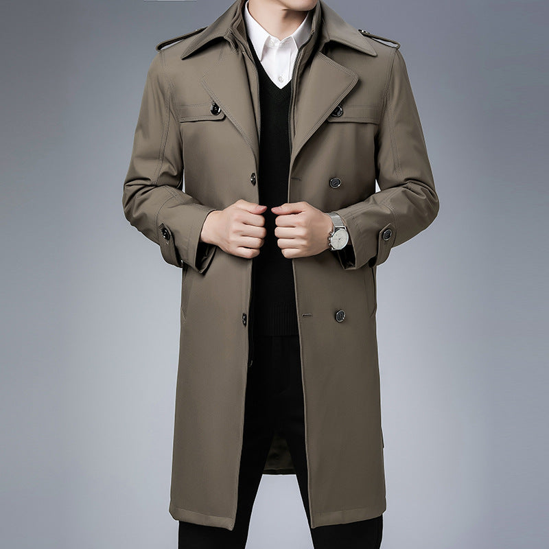 Herren Trenchcoat langer Doppelreiher mit Reverskragen und Epauletten Drune