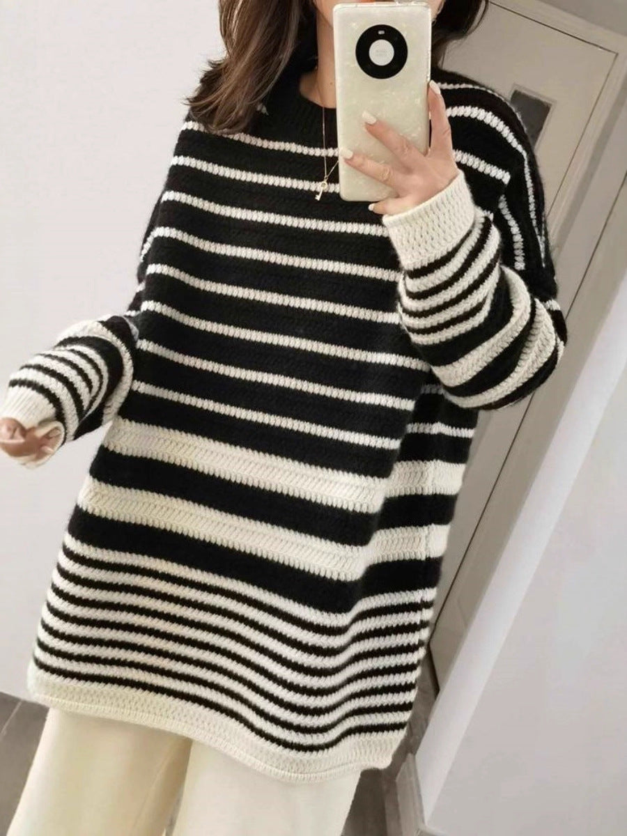Damen Oversize-Longpullover aus grobem Streifenstrick mit Rundhalsausschnitt Drune