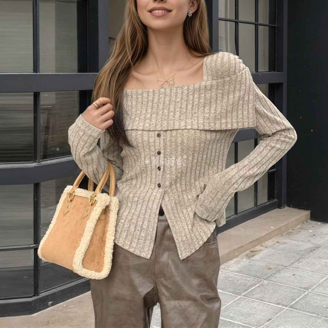 Damen Rippstrickoberteil mit quadratischem Ausschnitt und Knopfdetail Drune