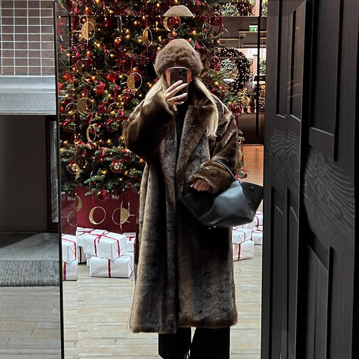 Damen Luxuriöser langer Kunstpelz-Mantel mit Oversize-Schnitt und wärmender Fütterung Drune