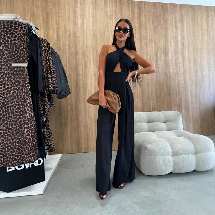 Damen Jumpsuit mit tiefem V-Ausschnitt und weiten Beinen Drune