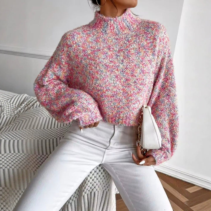 Damen Kurzgeschnittener Oversize-Pullover mit Stehkragen, mehrfarbigem Bouclé-Muster und Ballonärmeln Drune