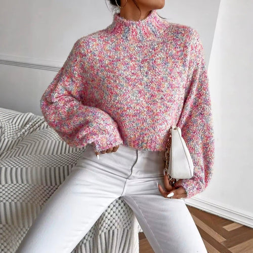 Damen Kurzgeschnittener Oversize-Pullover mit Stehkragen, mehrfarbigem Bouclé-Muster und Ballonärmeln Drune