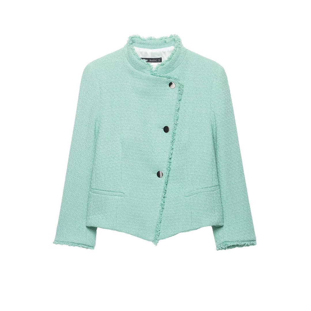 Damen Kurz geschnittene Bouclé-Tweedjacke mit Fransenbesatz und asymmetrischer Knopfleiste Drune