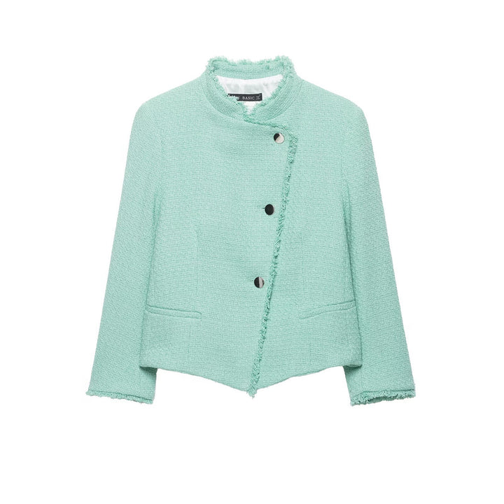 Damen Kurz geschnittene Bouclé-Tweedjacke mit Fransenbesatz und asymmetrischer Knopfleiste Drune