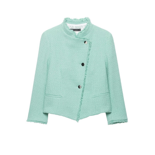Damen Kurz geschnittene Bouclé-Tweedjacke mit Fransenbesatz und asymmetrischer Knopfleiste Drune