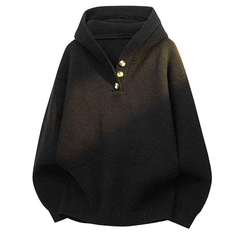 Damen Relaxed Kapuzenpullover aus geripptem Strick mit Halbsteg-Knopfleiste Drune