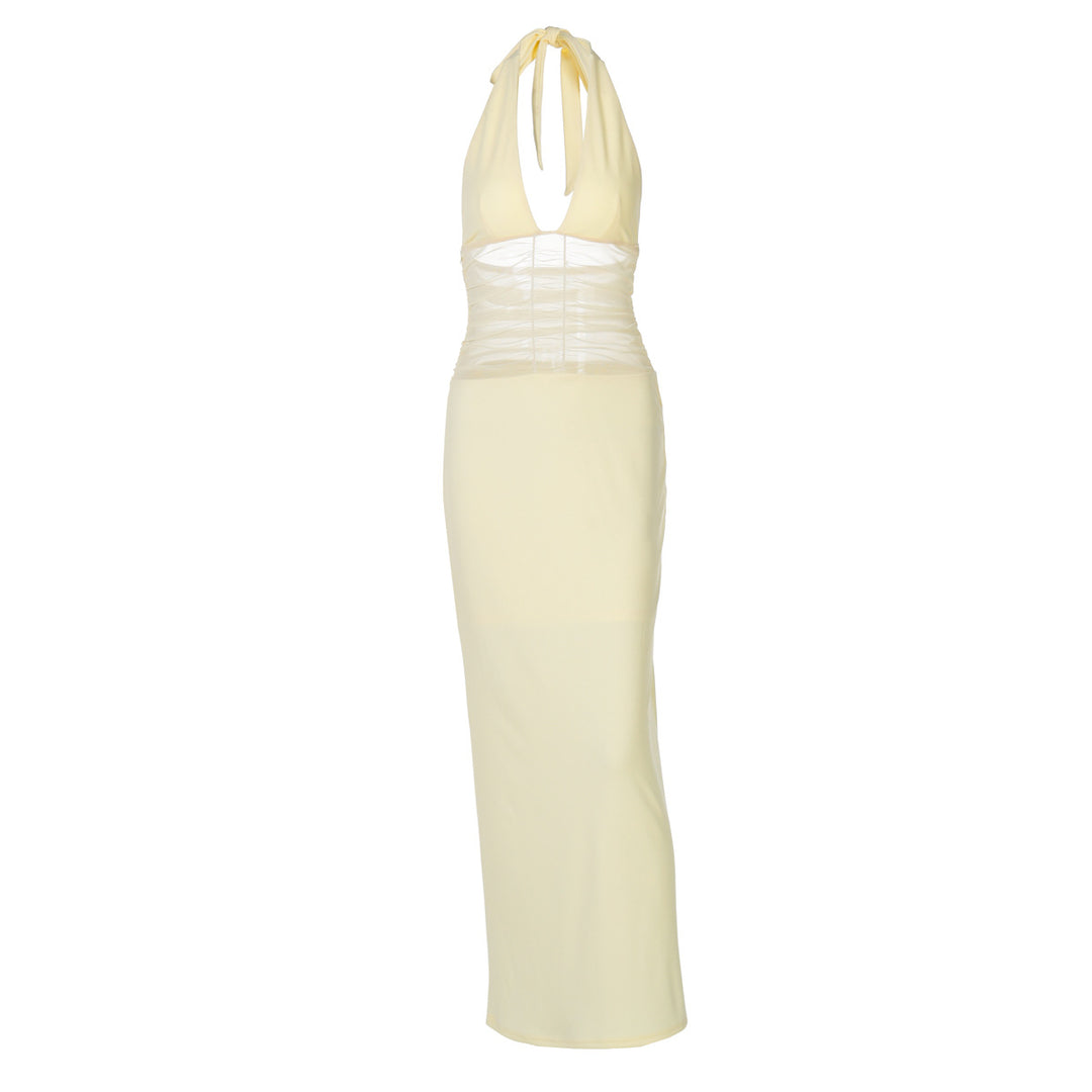 Damen Elegantes langes Kleid mit hochwertiger Drapierung und raffiniertem Halterneck Drune