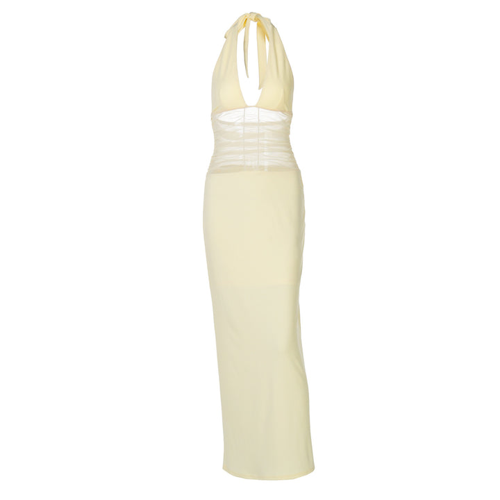 Damen Elegantes langes Kleid mit hochwertiger Drapierung und raffiniertem Halterneck Drune