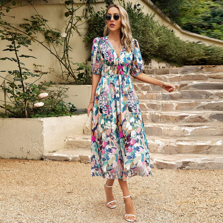 Damen Maxi Kleid mit 3/4-Ärmeln und floralem Design Drune