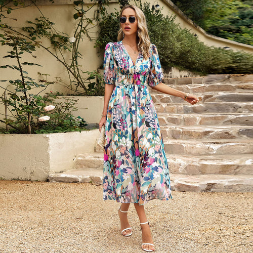 Damen Maxi Kleid mit 3/4-Ärmeln und floralem Design Drune