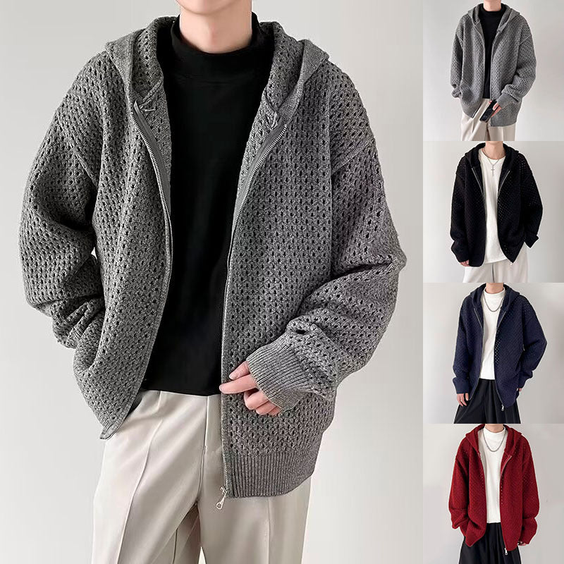 Herren Modische Strickjacke mit Kapuze und luftiger Struktur Drune