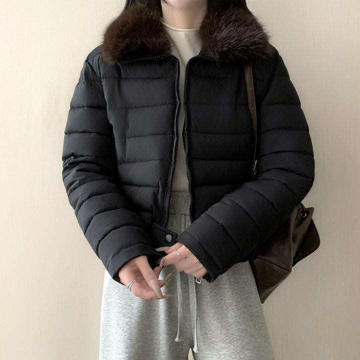 Damen nan kurze wattierte Taillenjacke mit abnehmbarem Kunstfellkragen und verstärktem Saum Drune