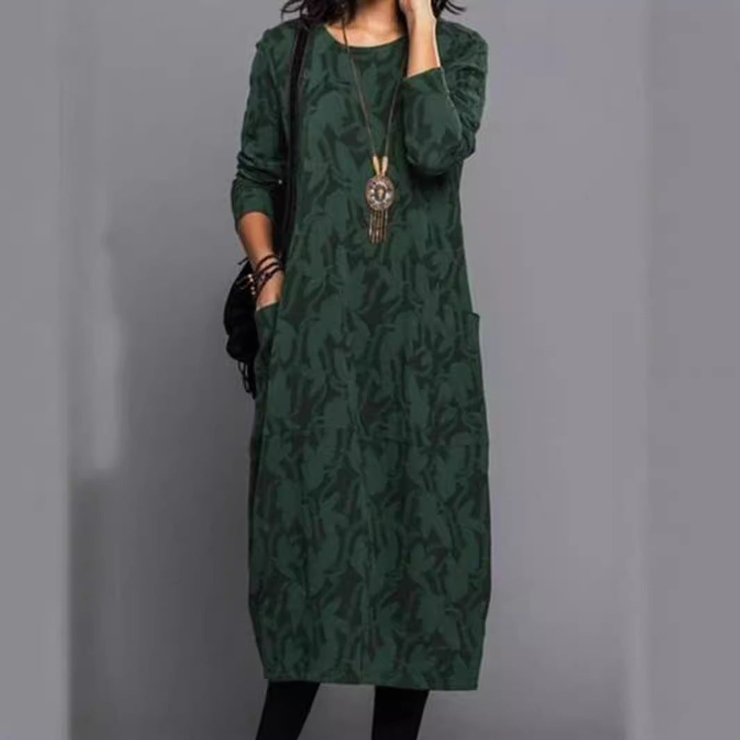 Damen nan locker geschnittenes Midikleid aus Feinstrick mit Ton-in-Ton-Jacquard, Rundhalsausschnitt und seitlichen Eingrifftaschen Drune
