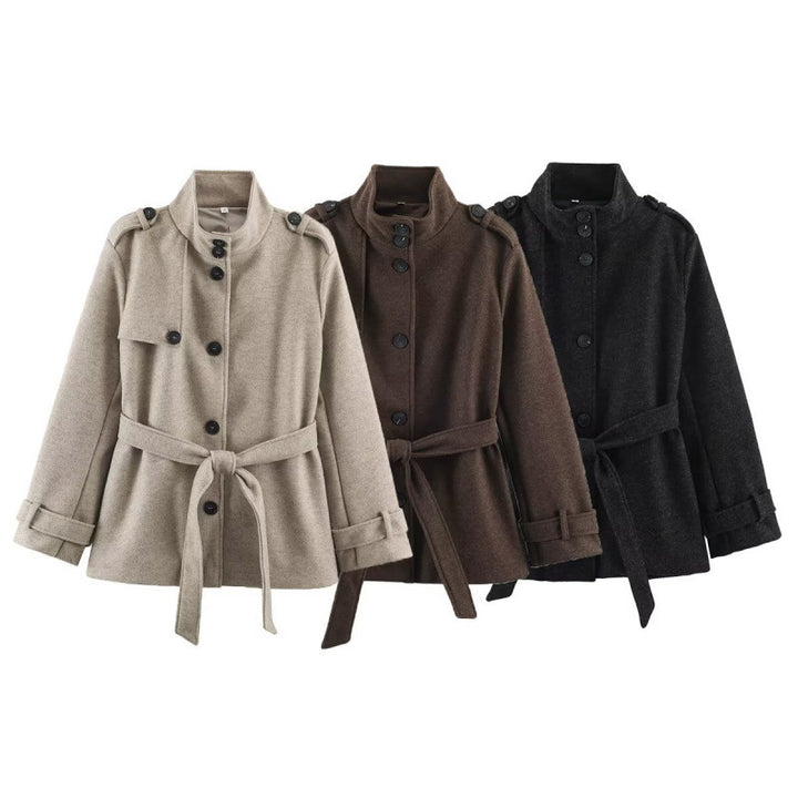 Damen kurze taillierte Manteljacke aus Wollmix mit Stehkragen, Schulterpatten und Bindegürtel Drune