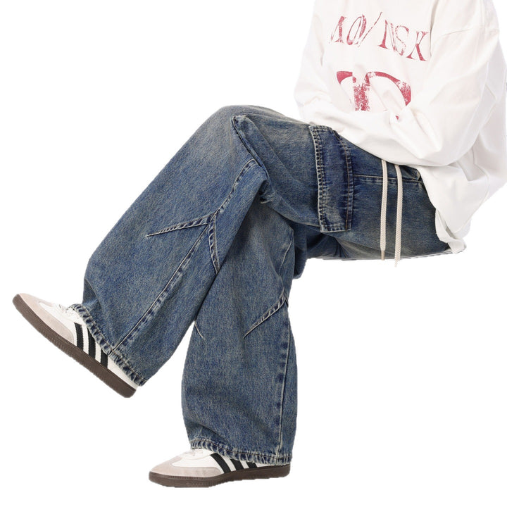 Herren Weite Cargo-Denimhose mit Tunnelzug, Used‑Waschung und Oversize‑Passform Drune
