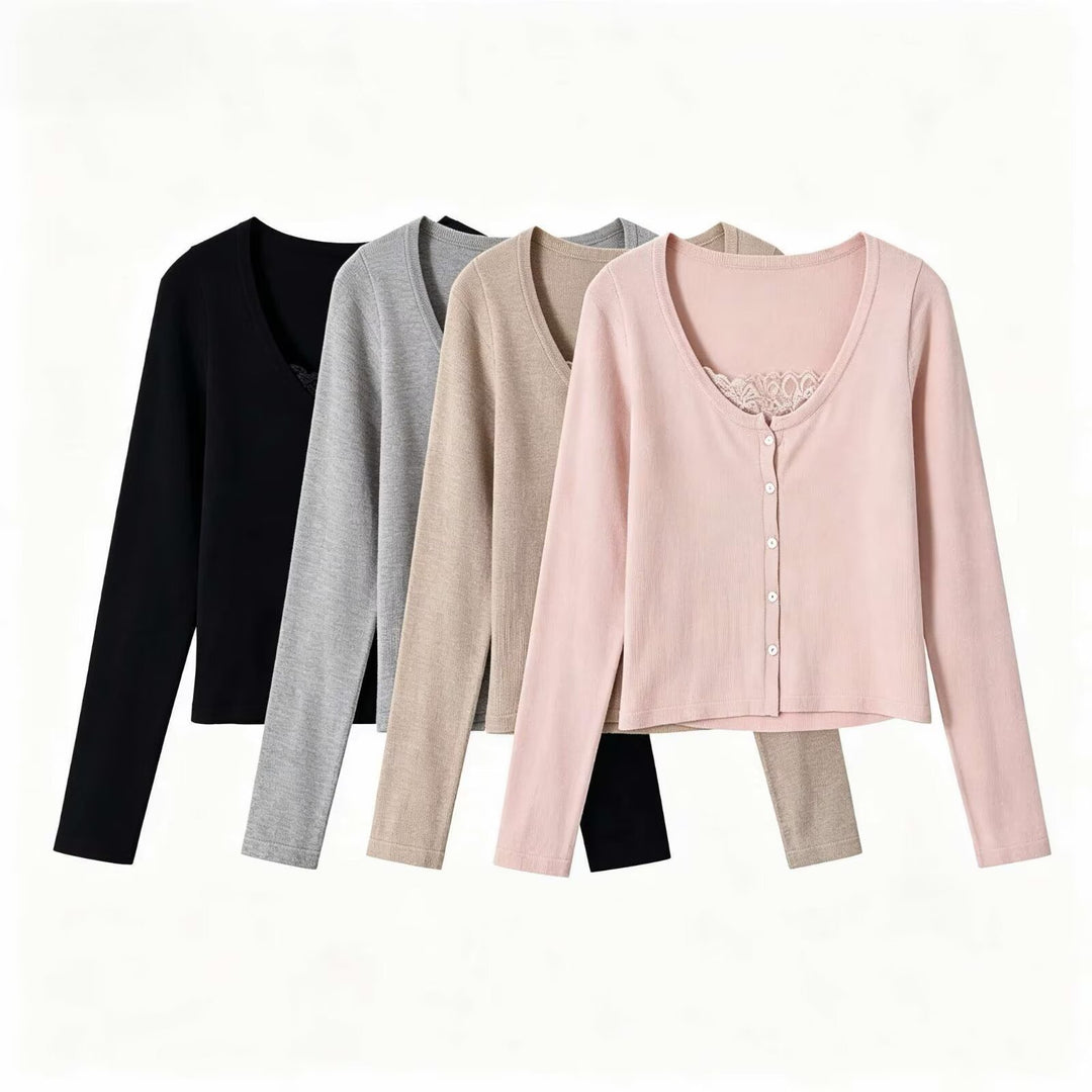 Damen Feinstrick-Cardigan mit Spitzen-Einsatz und durchgehender Knopfleiste Drune