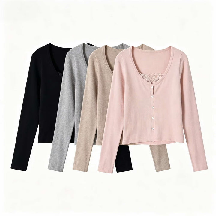 Damen Feinstrick-Cardigan mit Spitzen-Einsatz und durchgehender Knopfleiste Drune