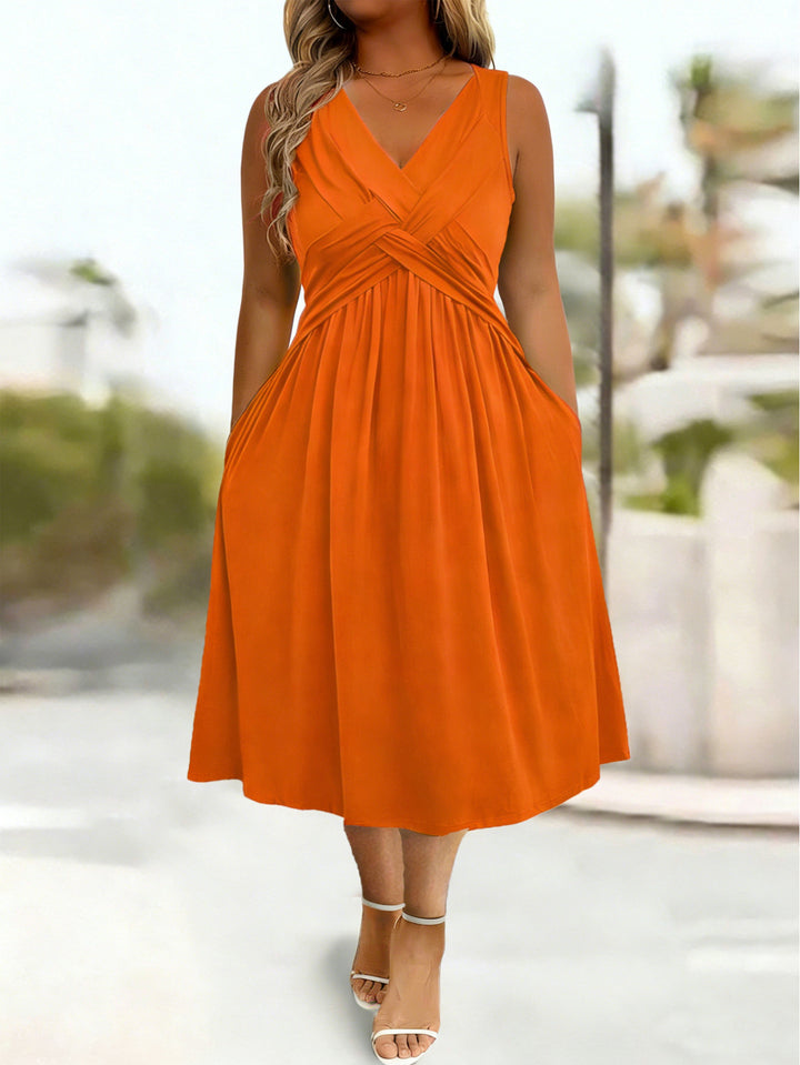 Damen Sommerkleid mit tiefem V-Ausschnitt und Seitentaschen Drune