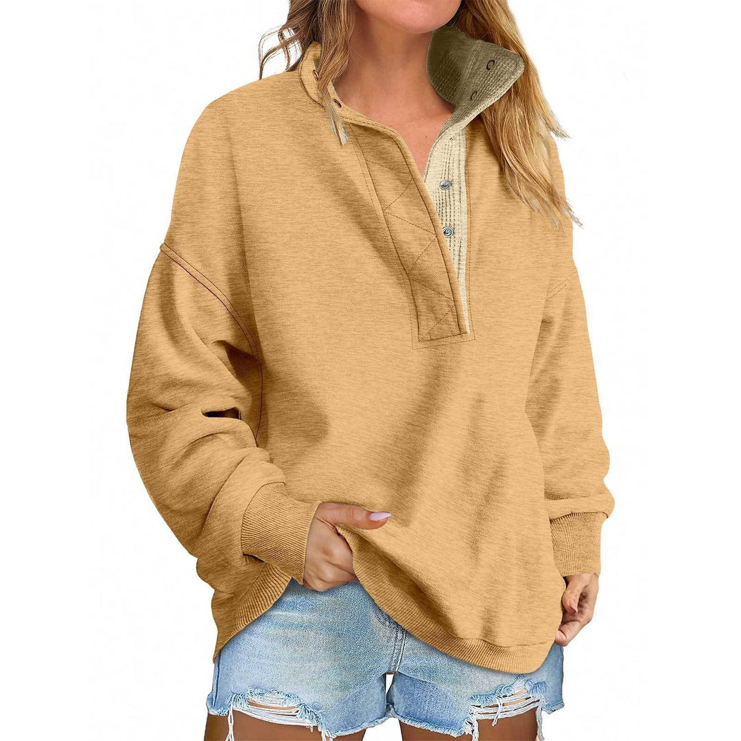 Damen Oversize-Henley-Sweatshirt mit Stehkragen und Druckknopfleiste Drune
