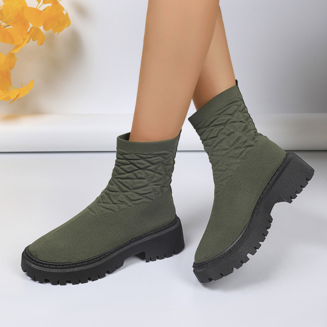 Damen Strick-Sockenboots mit geometrischer Stepp-Optik und klobiger Lug-Sohle Drune